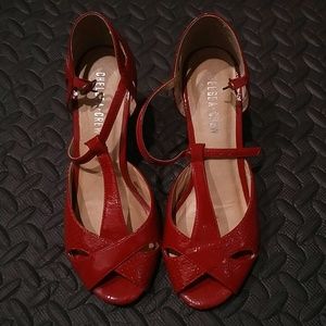 Red patent tstrap heels
